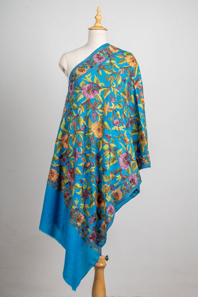 Aari Embroidered Merino Wool Scarf in Peacock Blue Bloom