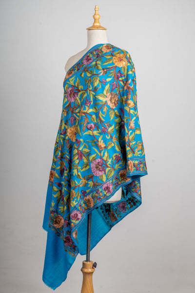 Aari Embroidered Merino Wool Scarf in Peacock Blue Bloom