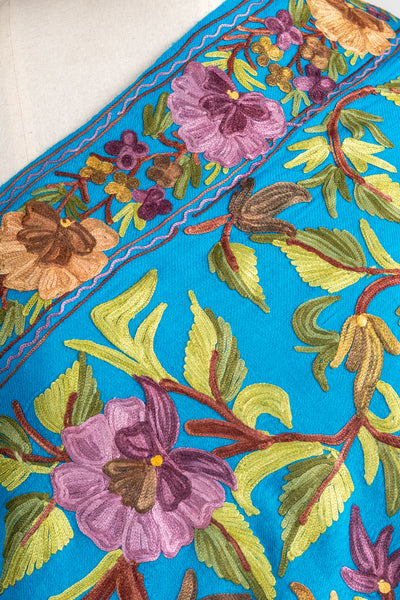 Aari Embroidered Merino Wool Scarf in Peacock Blue Bloom