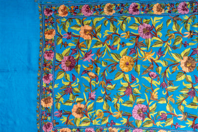 Aari Embroidered Merino Wool Scarf in Peacock Blue Bloom