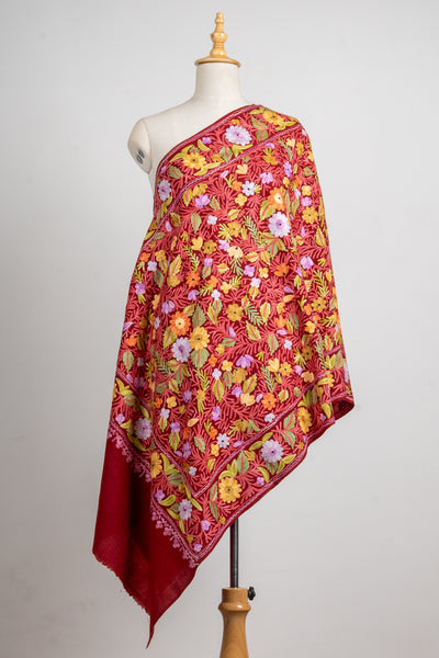 Crimson Bloom Merino Wool Scarf with Aari Embroidery