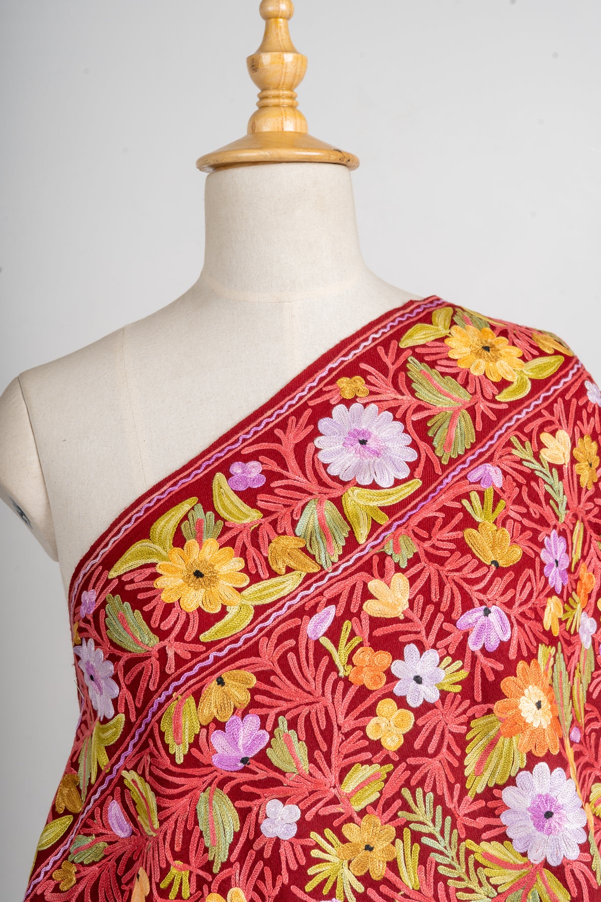 Crimson Bloom Merino Wool  Stole with Aari Embroidery