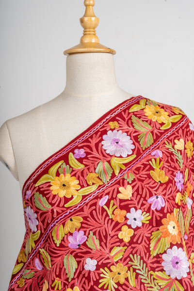 Crimson Bloom Merino Wool Scarf with Aari Embroidery