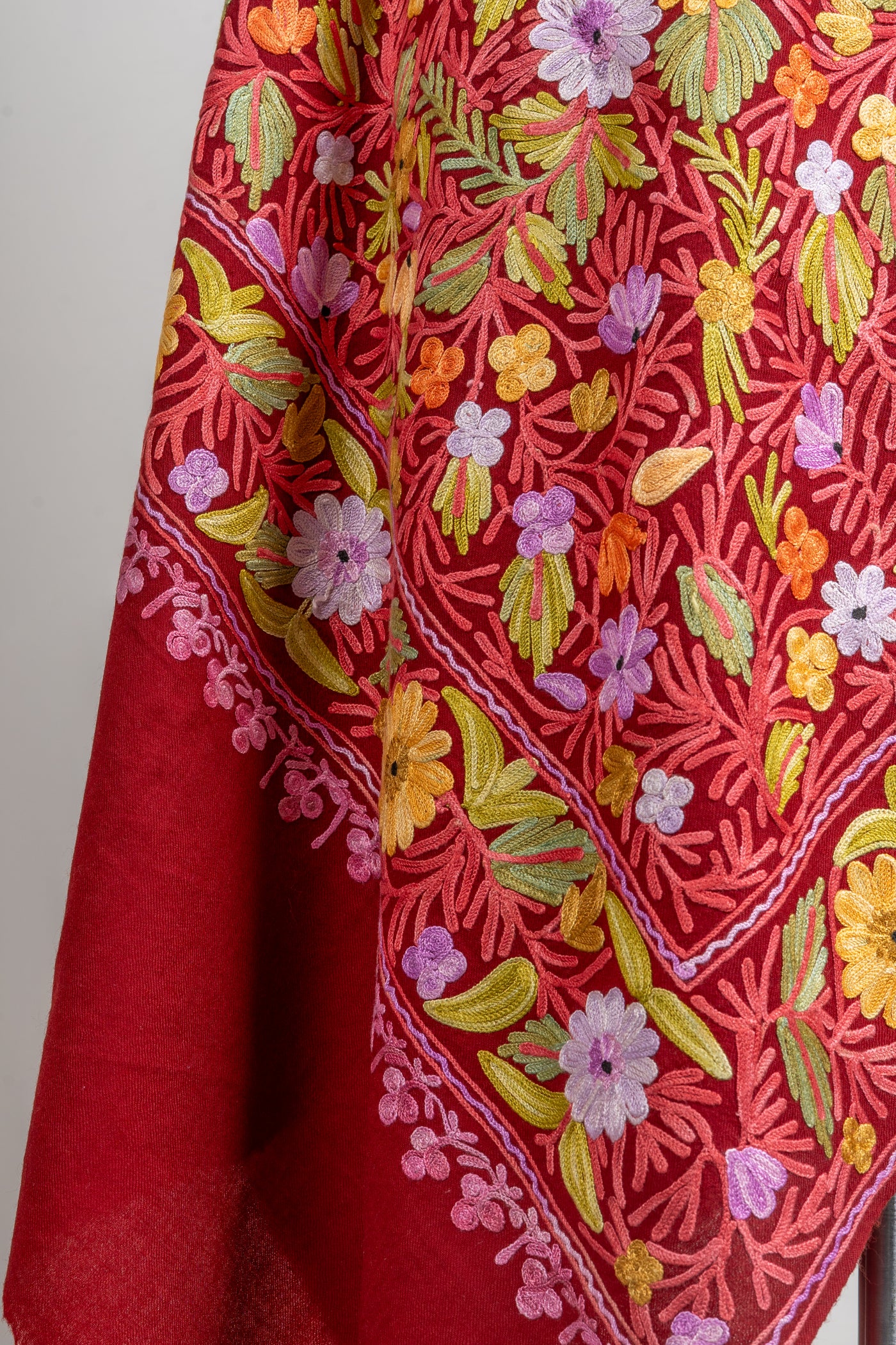 Crimson Bloom Merino Wool Scarf with Aari Embroidery