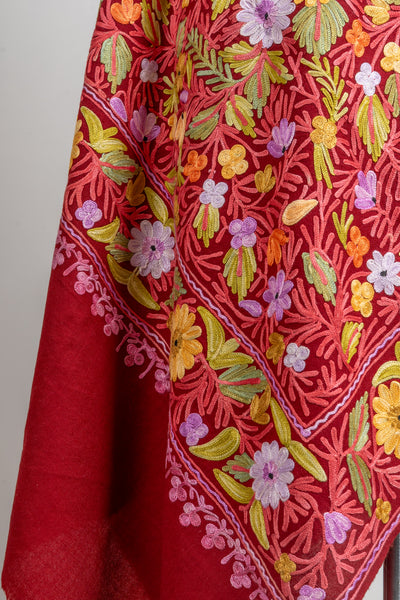Crimson Bloom Merino Wool Scarf with Aari Embroidery