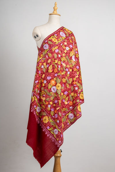 Crimson Bloom Merino Wool Scarf with Aari Embroidery