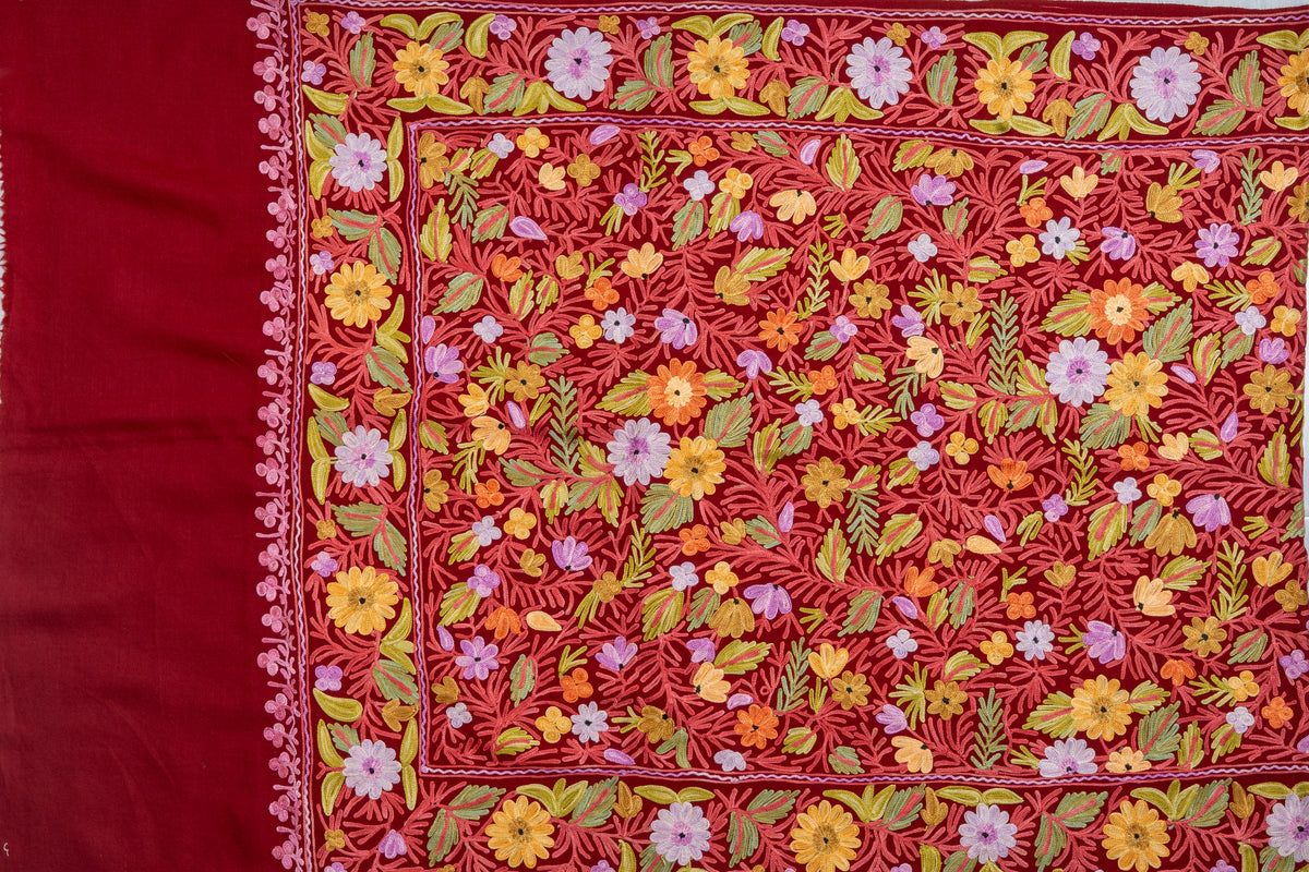 Crimson Bloom Merino Wool  Stole with Aari Embroidery