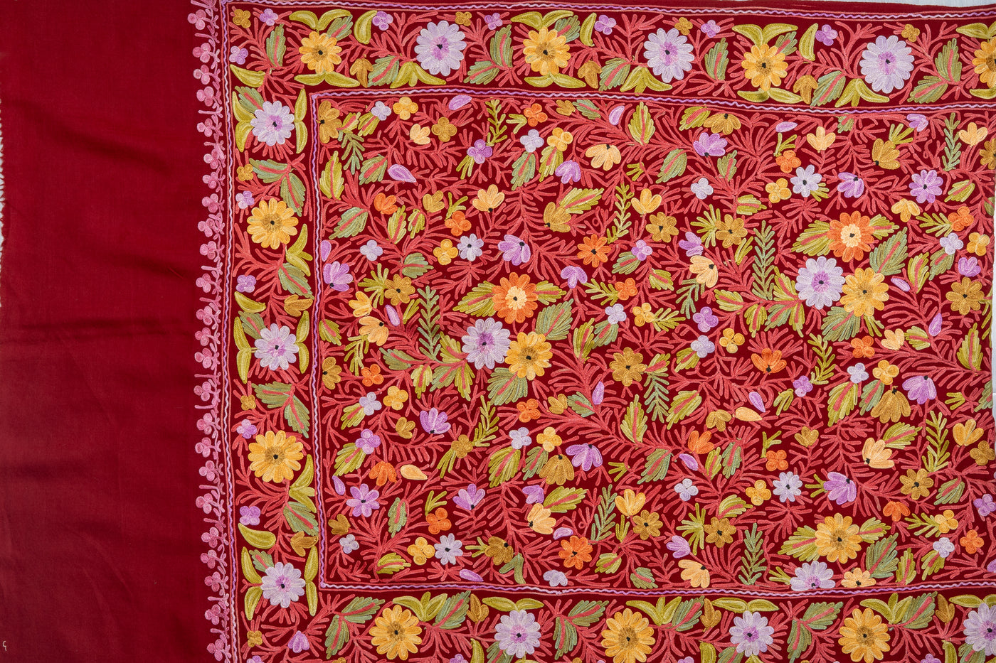 Crimson Bloom Merino Wool Scarf with Aari Embroidery