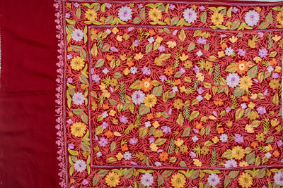 Crimson Bloom Merino Wool Scarf with Aari Embroidery