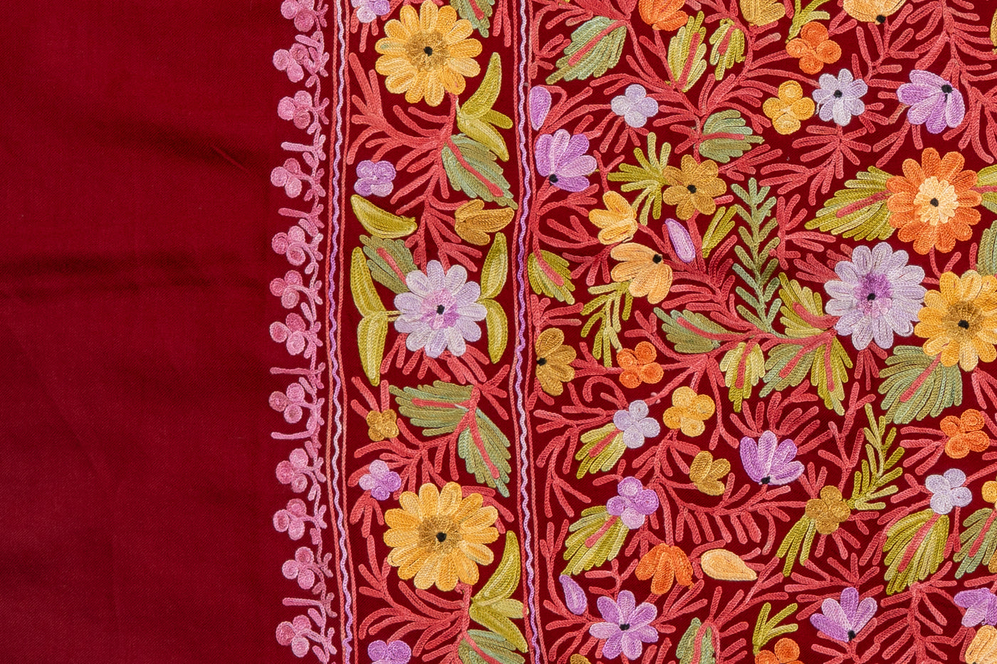 Crimson Bloom Merino Wool Scarf with Aari Embroidery