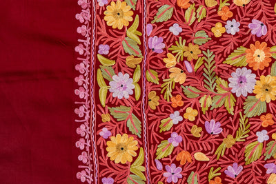 Crimson Bloom Merino Wool Scarf with Aari Embroidery
