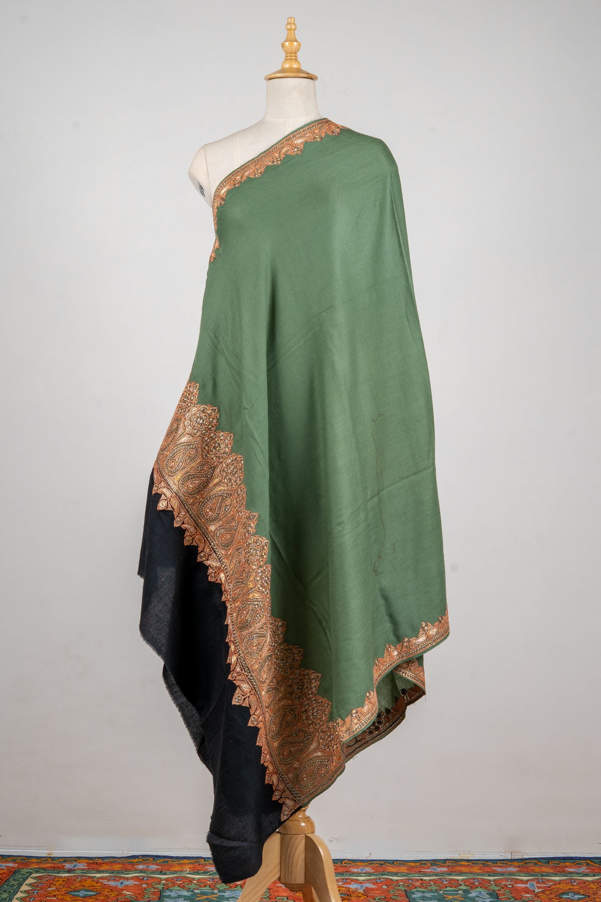 Olive Whisper Merino Wool Shawl with Tilla Detailing