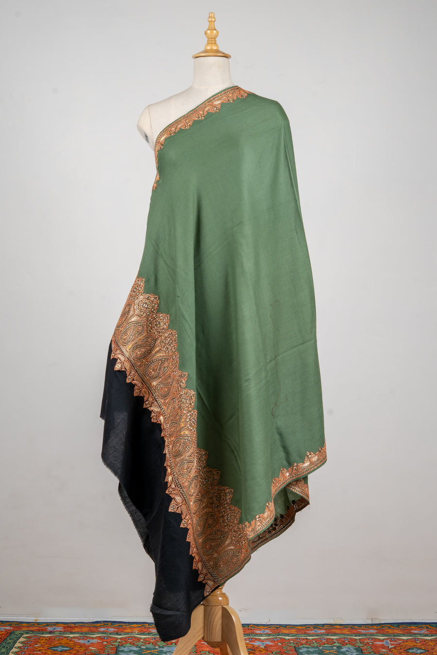 Olive Whisper Merino Wool Shawl with Tilla Detailing