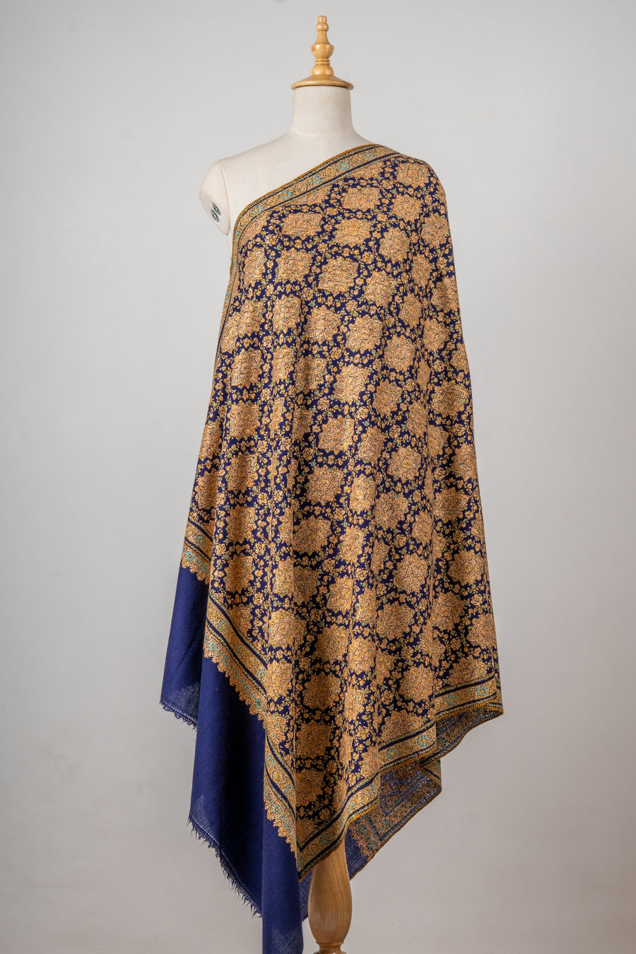 Royal Indigo Superfine Merino Wool Shawl with Sozni Allover Embroidery