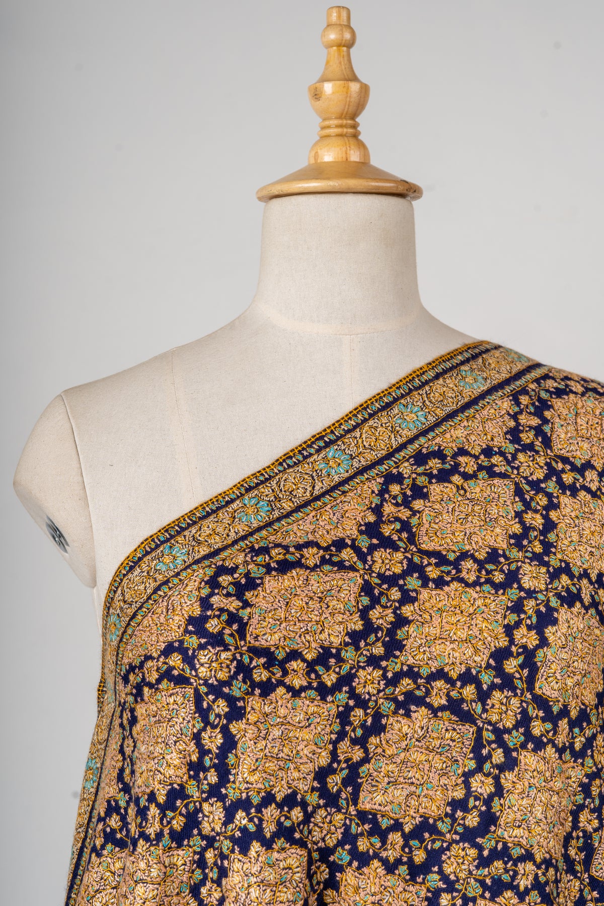 Royal Indigo Superfine Merino Wool Shawl with Sozni Allover Embroidery