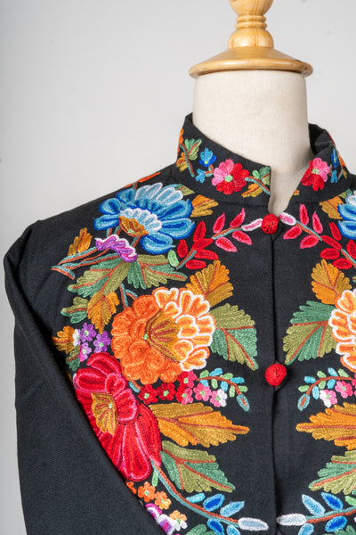 Midnight Bloom Hand-Embroidered Short Jacket in Pure Wool