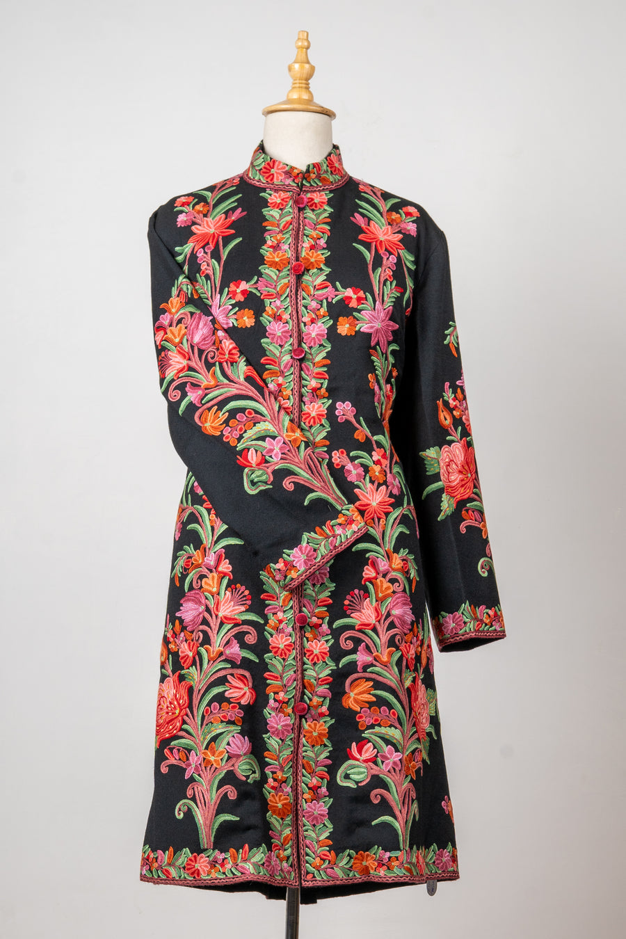 Meadow Charm Aari Hand-Embroidered Long Jacket in Pure Wool