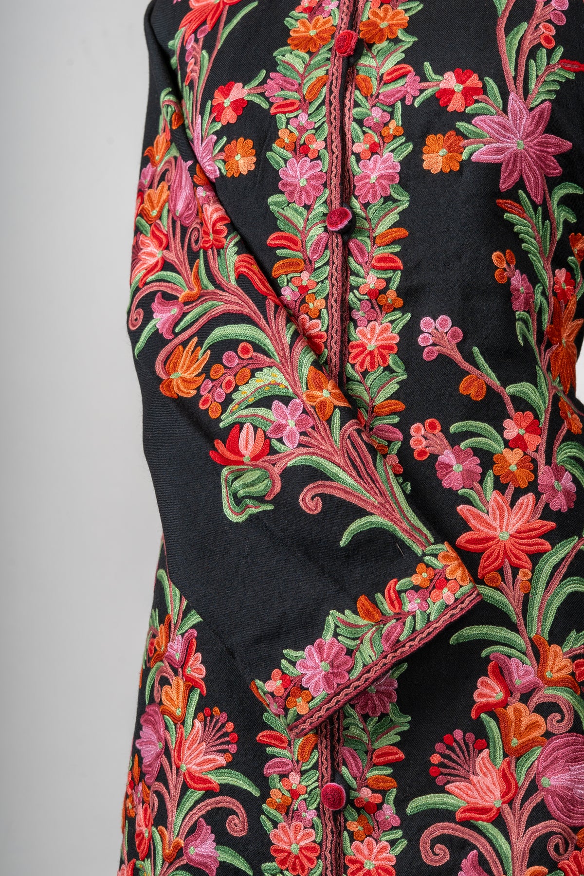 Meadow Charm Aari Hand-Embroidered Long Jacket in Pure Wool