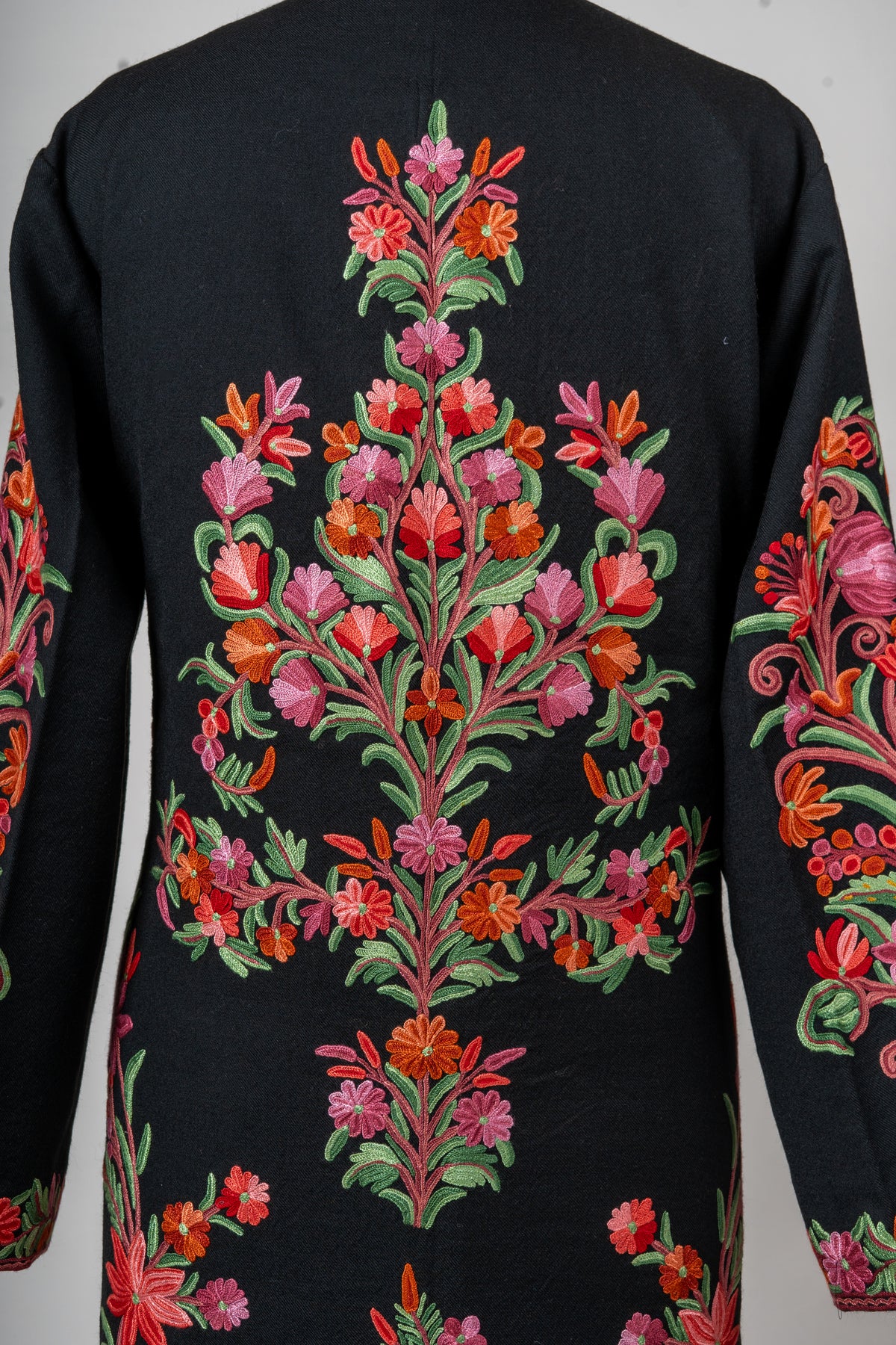 Meadow Charm Aari Hand-Embroidered Long Jacket in Pure Wool