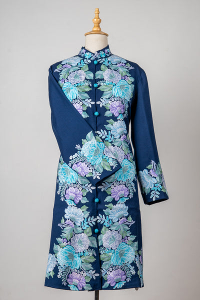 Icy Bloom Pure Wool Long Jacket with Aari Hand Embroidery