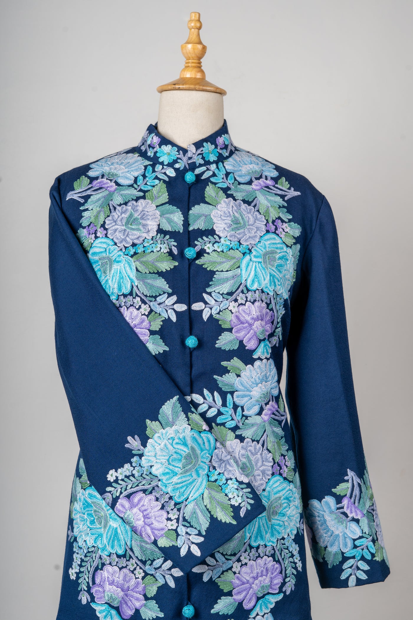 Icy Bloom Pure Wool Long Jacket with Aari Hand Embroidery