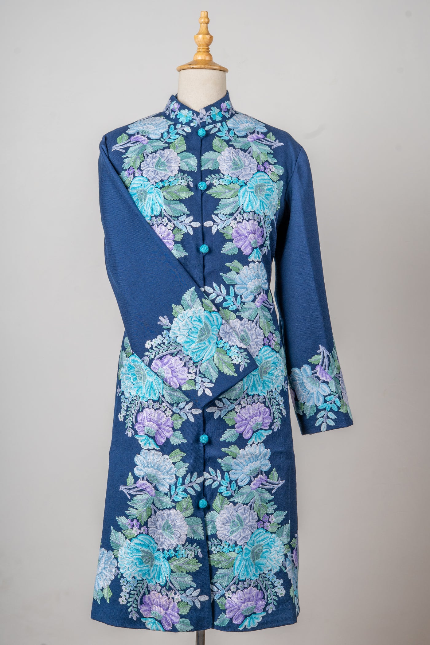 Icy Bloom Pure Wool Long Jacket with Aari Hand Embroidery