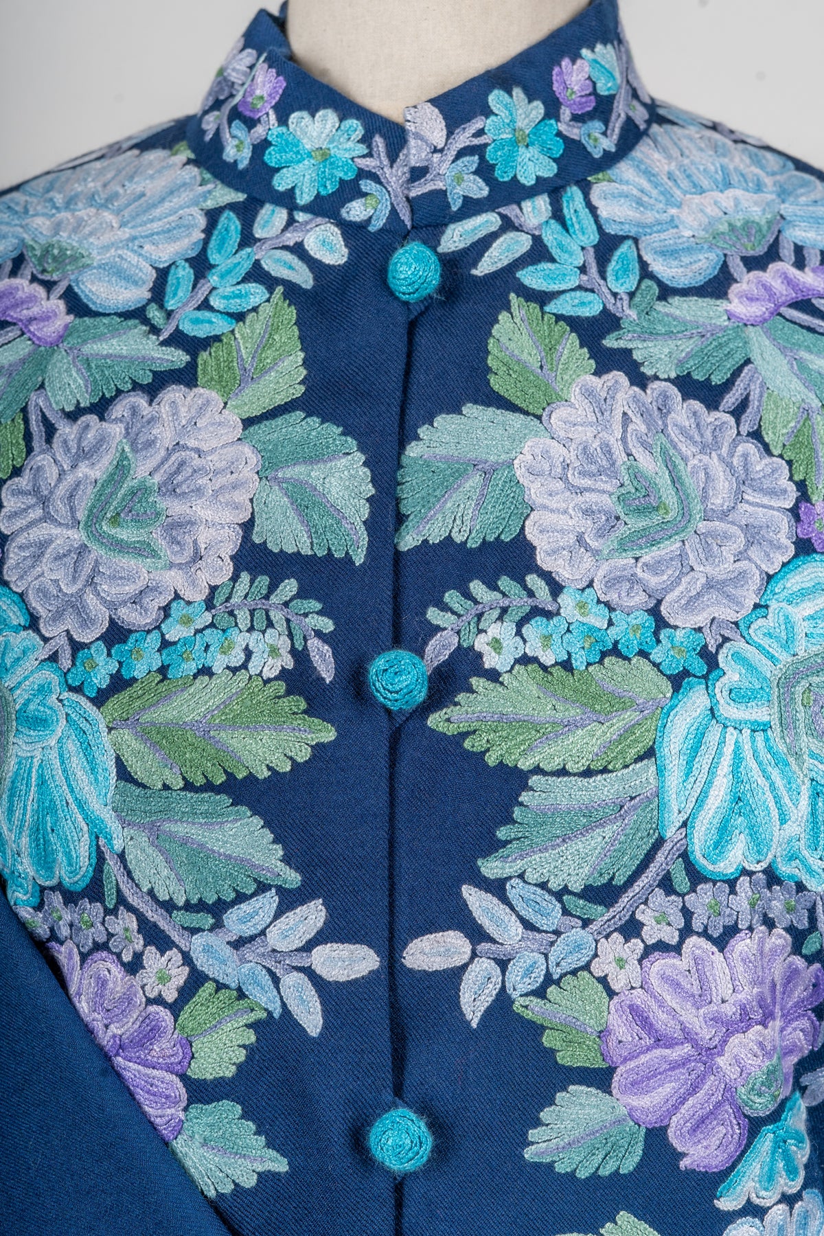 Icy Bloom Pure Wool Long Jacket with Aari Hand Embroidery