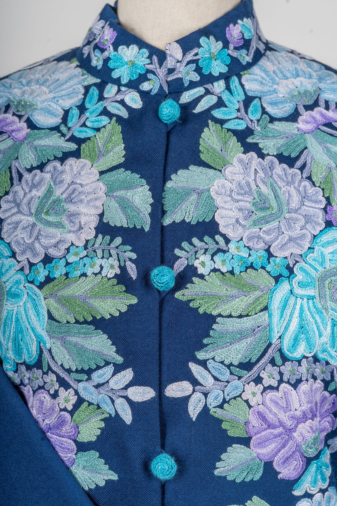 Icy Bloom Pure Wool Long Jacket with Aari Hand Embroidery
