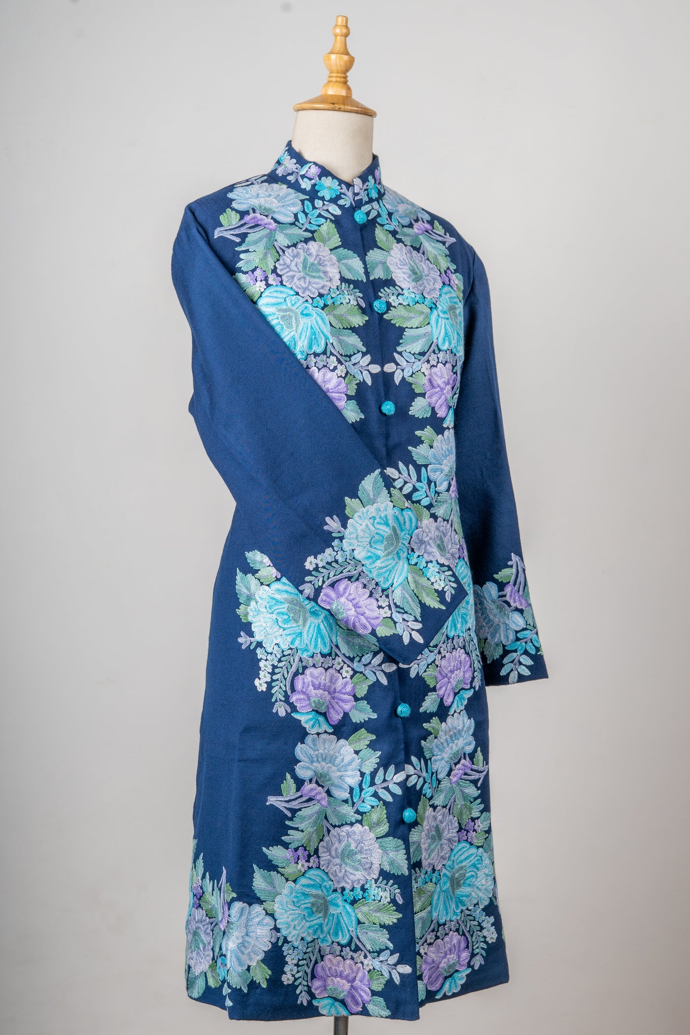 Icy Bloom Pure Wool Long Jacket with Aari Hand Embroidery