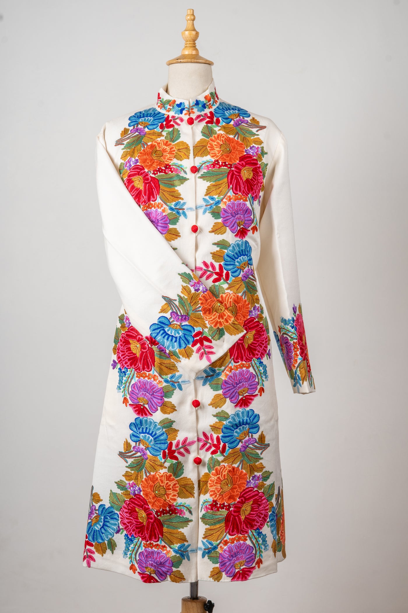 Ivory Blossom Aari Hand-Embroidered Long Jacket