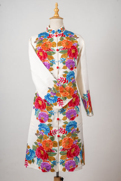 Ivory Blossom Aari Hand-Embroidered Long Jacket