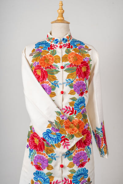 Ivory Blossom Aari Hand-Embroidered Long Jacket
