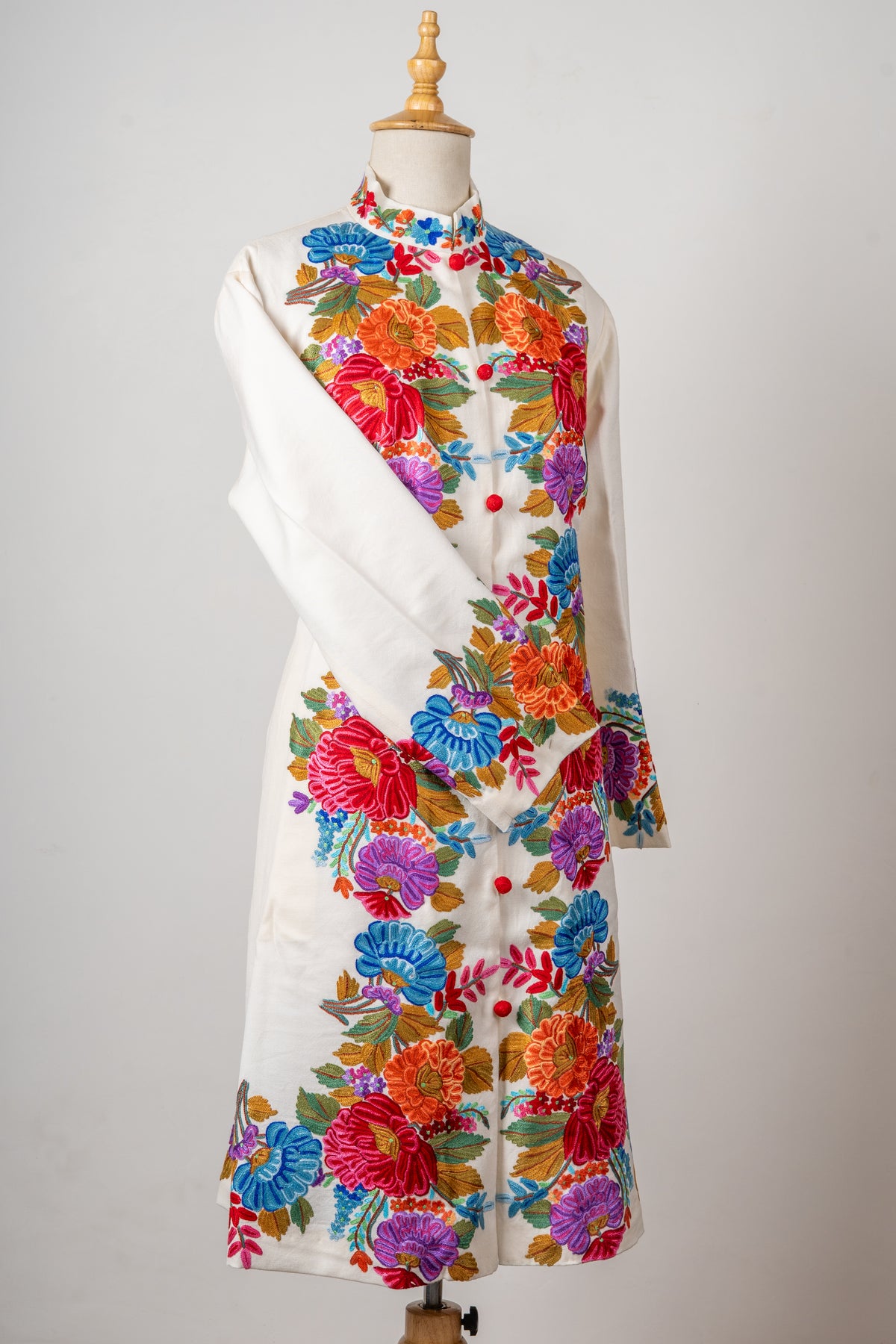 Ivory Blossom Aari Hand-Embroidered Long Jacket