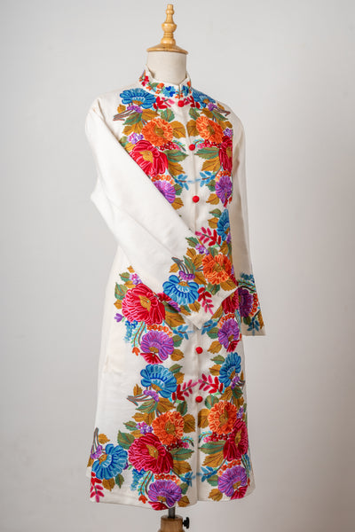 Ivory Blossom Aari Hand-Embroidered Long Jacket