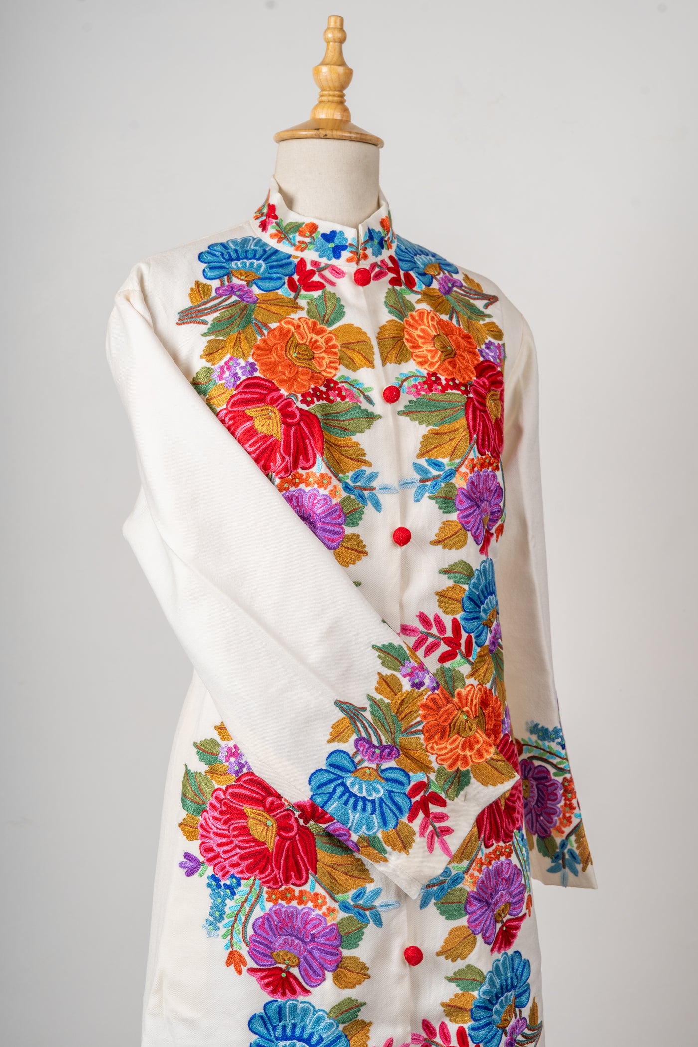 Ivory Blossom Aari Hand-Embroidered Long Jacket