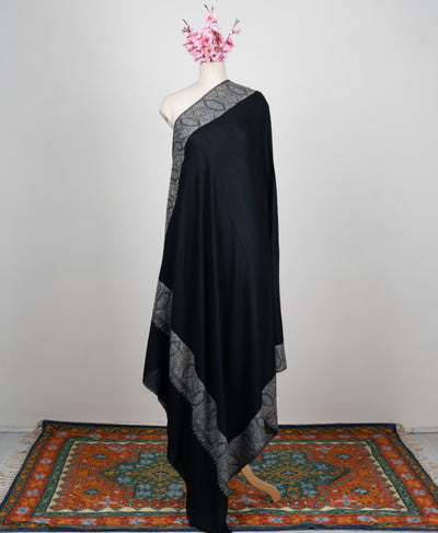 2.5 Yards: Sozni Hand Embroidered Pashmina: Midnight Black Border Elegance