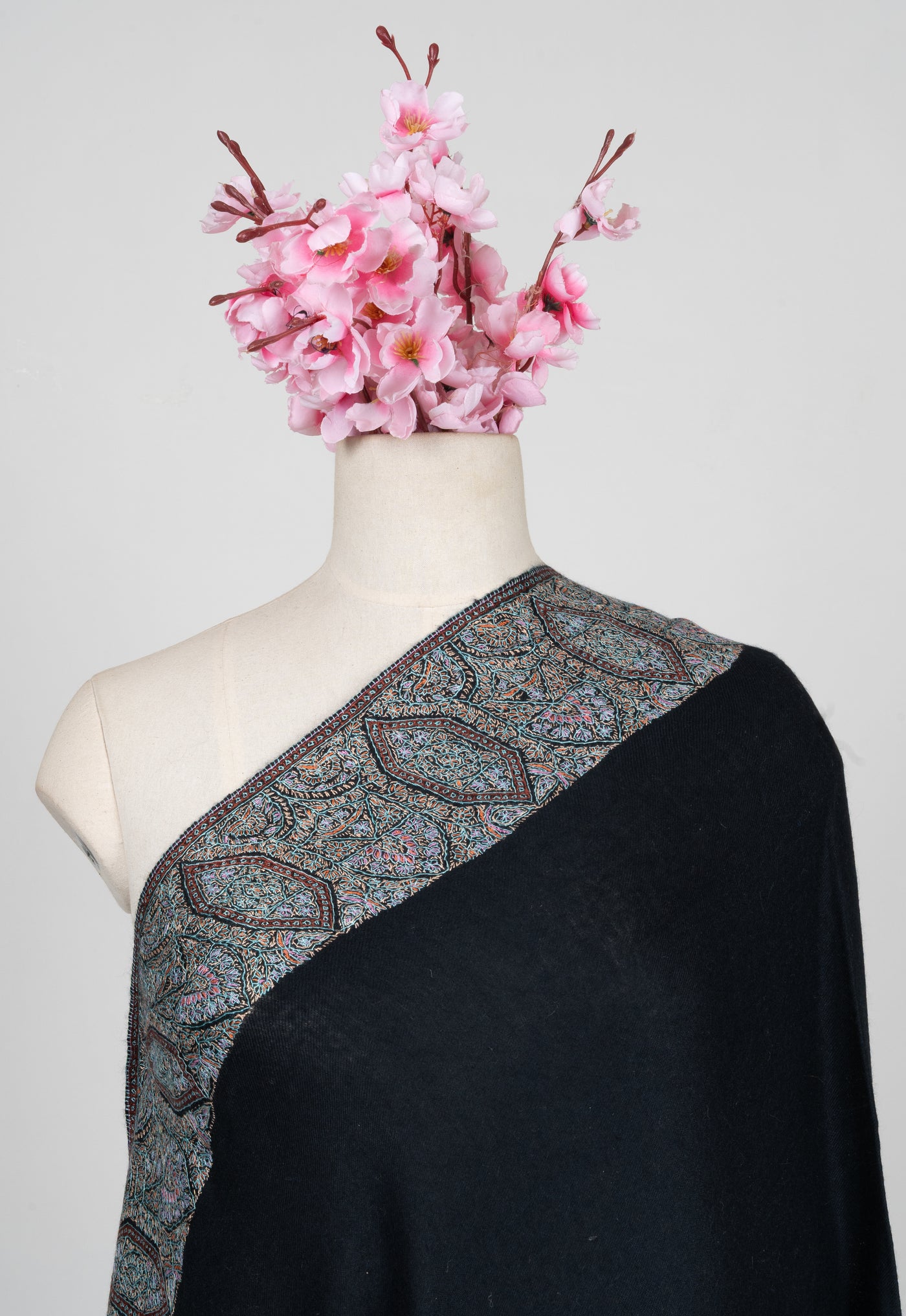 2.5 Yards: Sozni Hand Embroidered Pashmina: Midnight Black Border Elegance