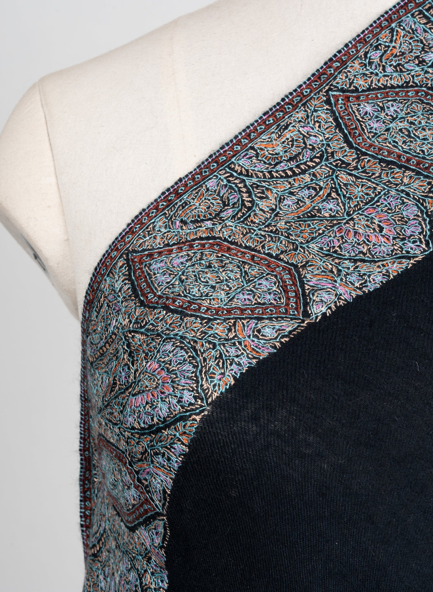 2.5 Yards: Sozni Hand Embroidered Pashmina: Midnight Black Border Elegance