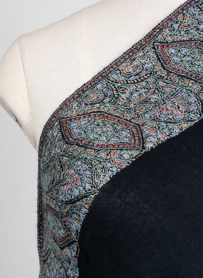 2.5 Yards: Sozni Hand Embroidered Pashmina: Midnight Black Border Elegance