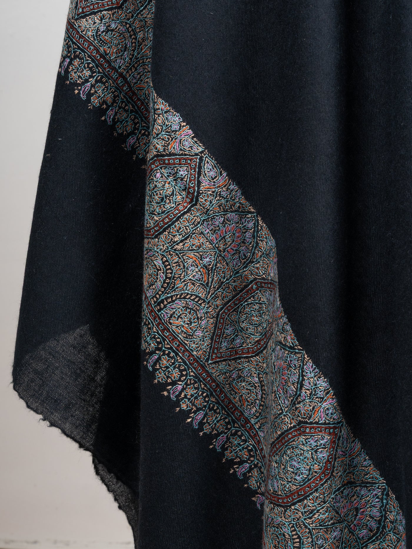 2.5 Yards: Sozni Hand Embroidered Pashmina: Midnight Black Border Elegance