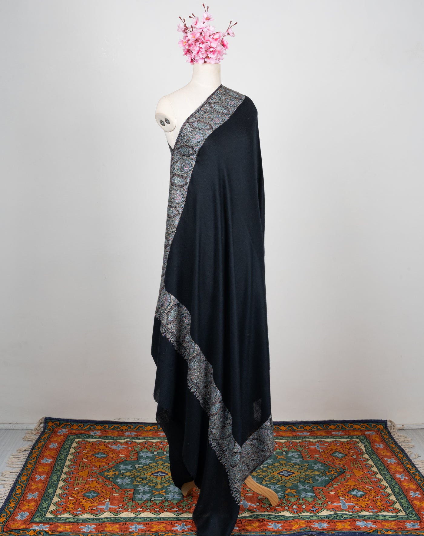 2.5 Yards: Sozni Hand Embroidered Pashmina: Midnight Black Border Elegance
