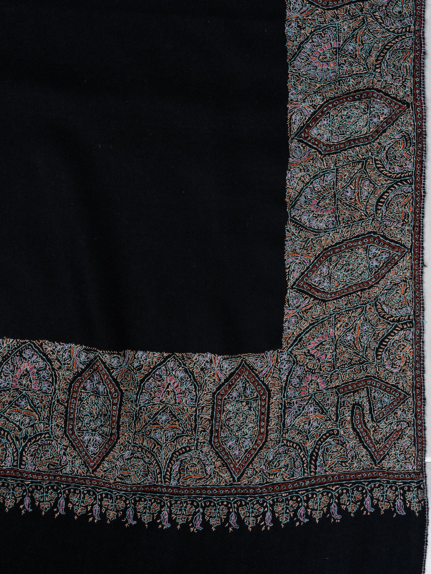 2.5 Yards: Sozni Hand Embroidered Pashmina: Midnight Black Border Elegance