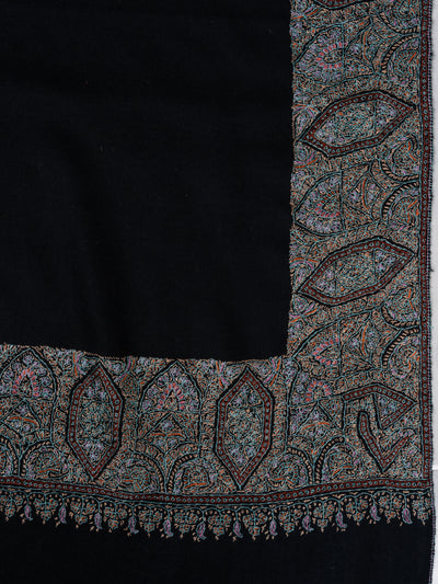2.5 Yards: Sozni Hand Embroidered Pashmina: Midnight Black Border Elegance