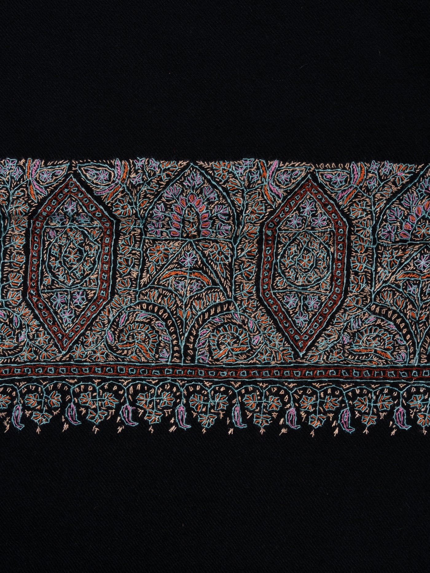 2.5 Yards: Sozni Hand Embroidered Pashmina: Midnight Black Border Elegance