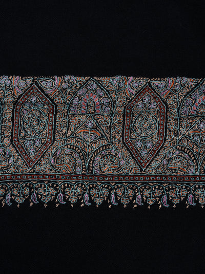 2.5 Yards: Sozni Hand Embroidered Pashmina: Midnight Black Border Elegance