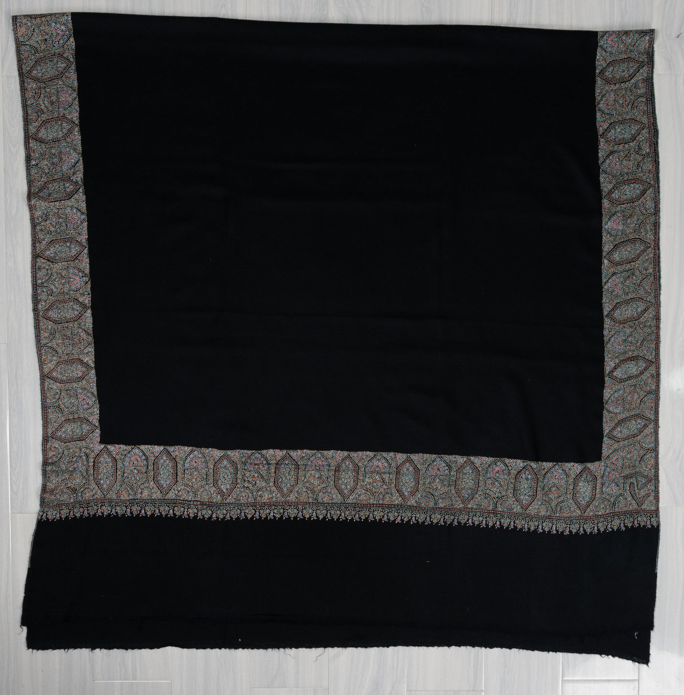 2.5 Yards: Sozni Hand Embroidered Pashmina: Midnight Black Border Elegance