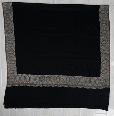 2.5 Yards: Sozni Hand Embroidered Pashmina: Midnight Black Border Elegance