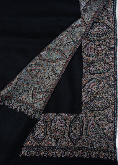 2.5 Yards: Sozni Hand Embroidered Pashmina: Midnight Black Border Elegance