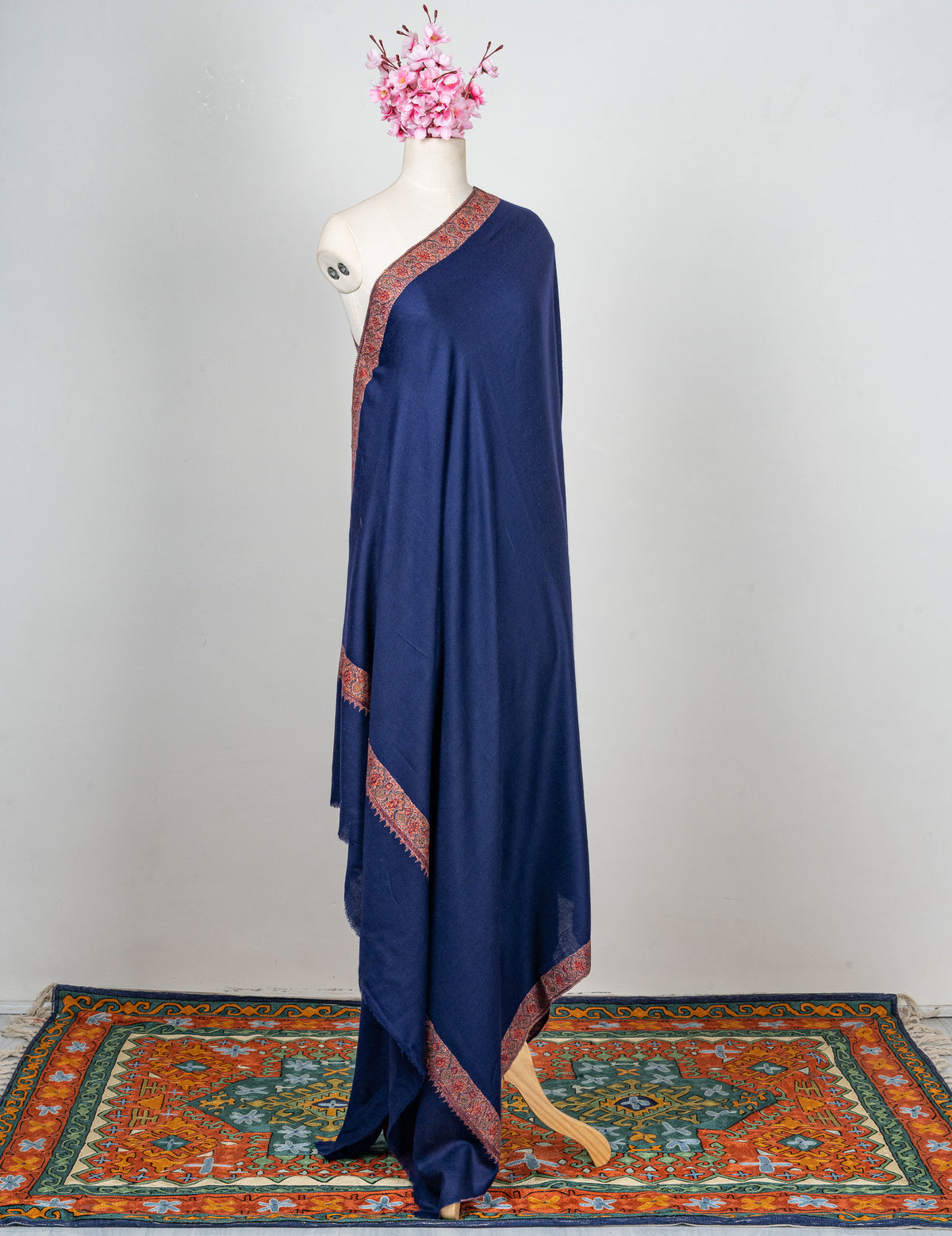 2.5 Yards: Sozni Hand Embroidered Pashmina: Royal Blue Heritage Border
