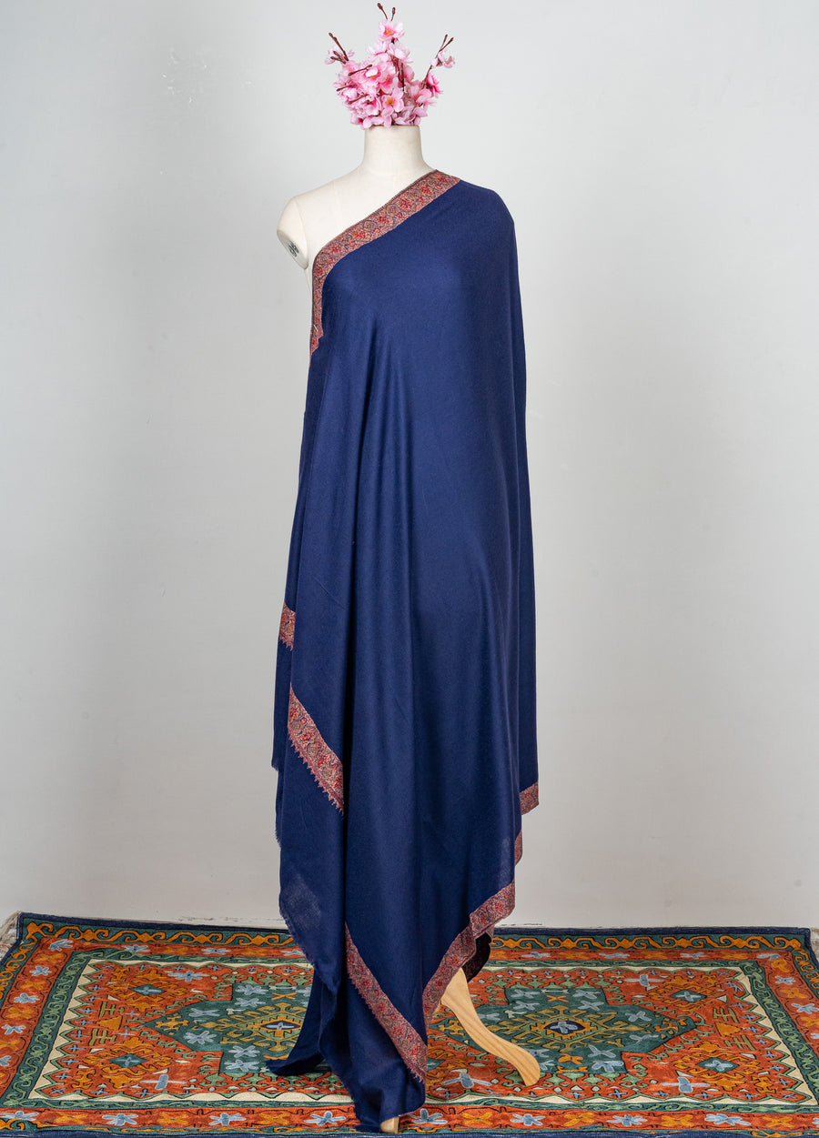 2.5 Yards: Sozni Hand Embroidered Pashmina: Royal Blue Heritage Border